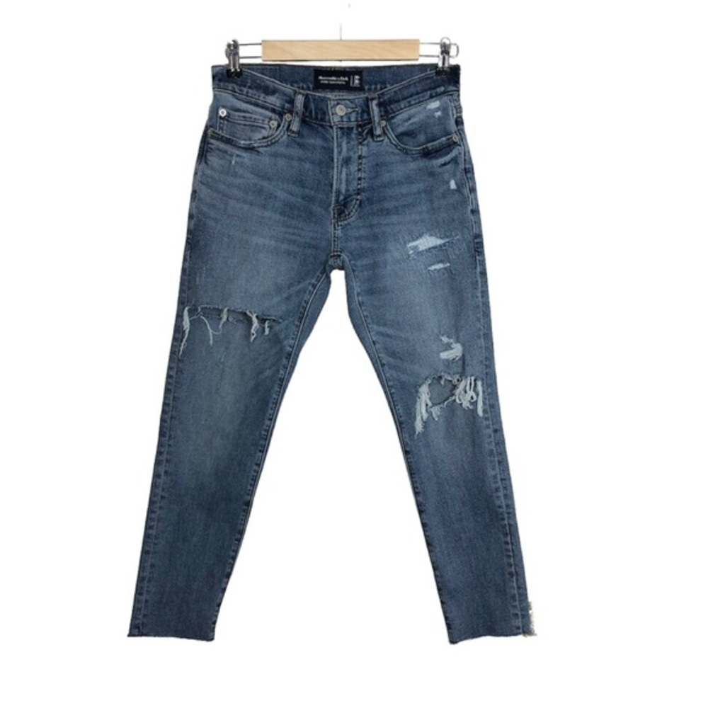 Abercrombie And Fitch Skinny Taper Stretch Raw Hem Mid Rise Blue Wash Jeans 28